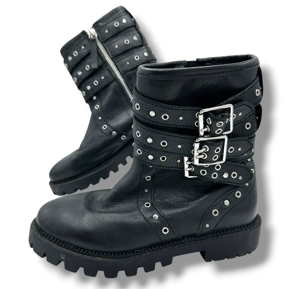 Kids Black Combat Boots Studded‎ Grommet Buckle Straps Lug Sole Side Zip Zara 3/